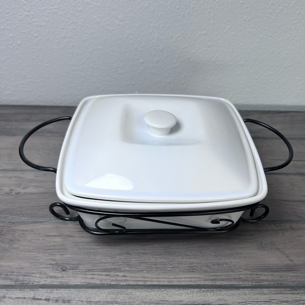 Banquet White Ceramic Casserole Baking Dish with Lid & Scrollwork Metal Stand - Picture 7 of 10